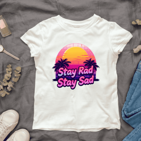 80s retro with Stay Rad Stay Sad Text T-shirt Design cover image.