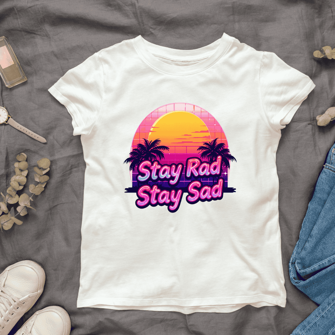 80s retro with Stay Rad Stay Sad Text T-shirt Design cover image.