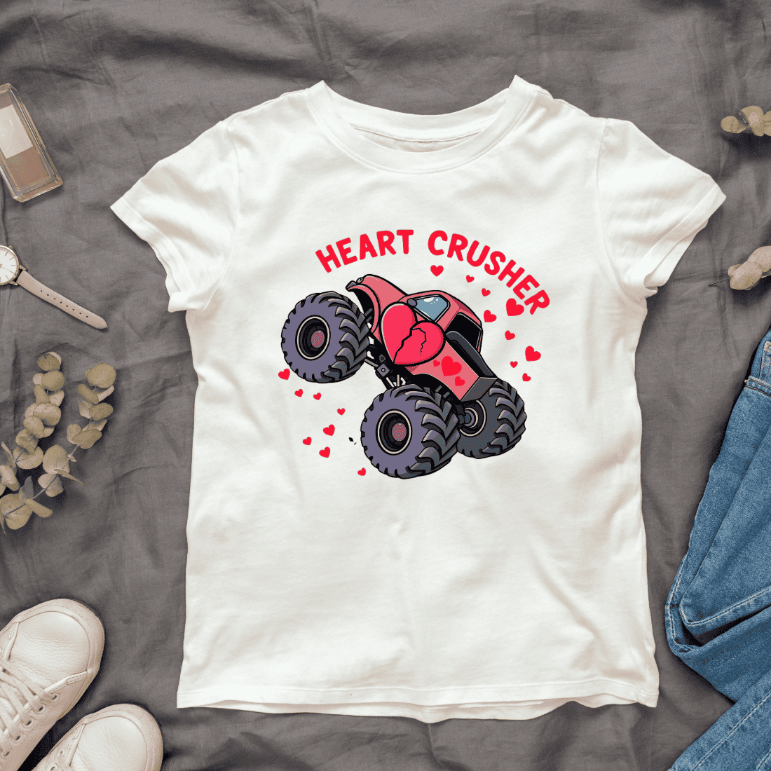 Monster truck with "Heart Crusher" text T-Shirt Design cover image.