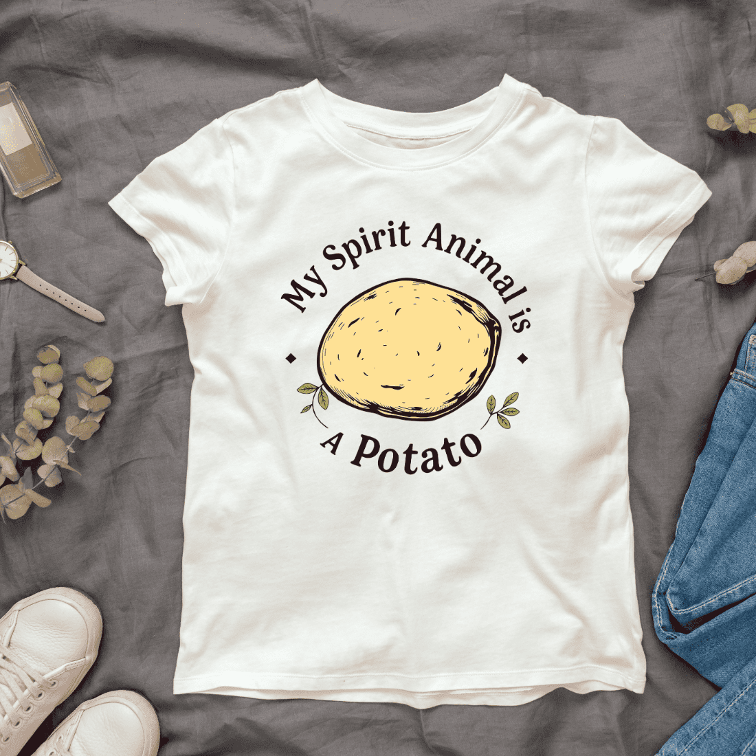 Vintage Text with "My Spirit Animal is A Potato" T-Shirt Design cover image.