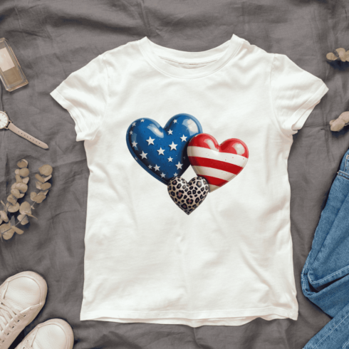 American Flag Leopard Print Hearts with Glossy 3D Finish T-shirt Design cover image.