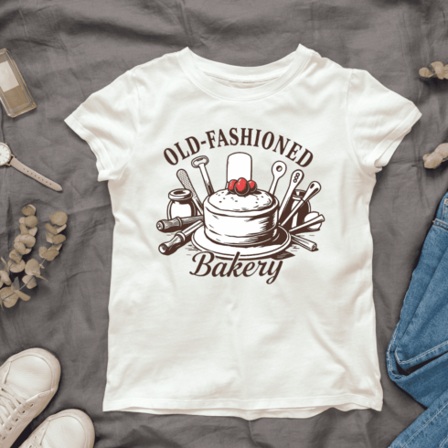 Old-fashioned Cake and Baking Tools T-Shirt Design cover image.