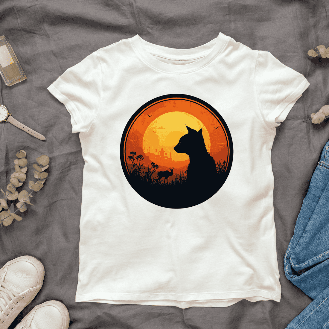 Retro Silhouette Cat and Deer at Sunset T-Shirt Design cover image.