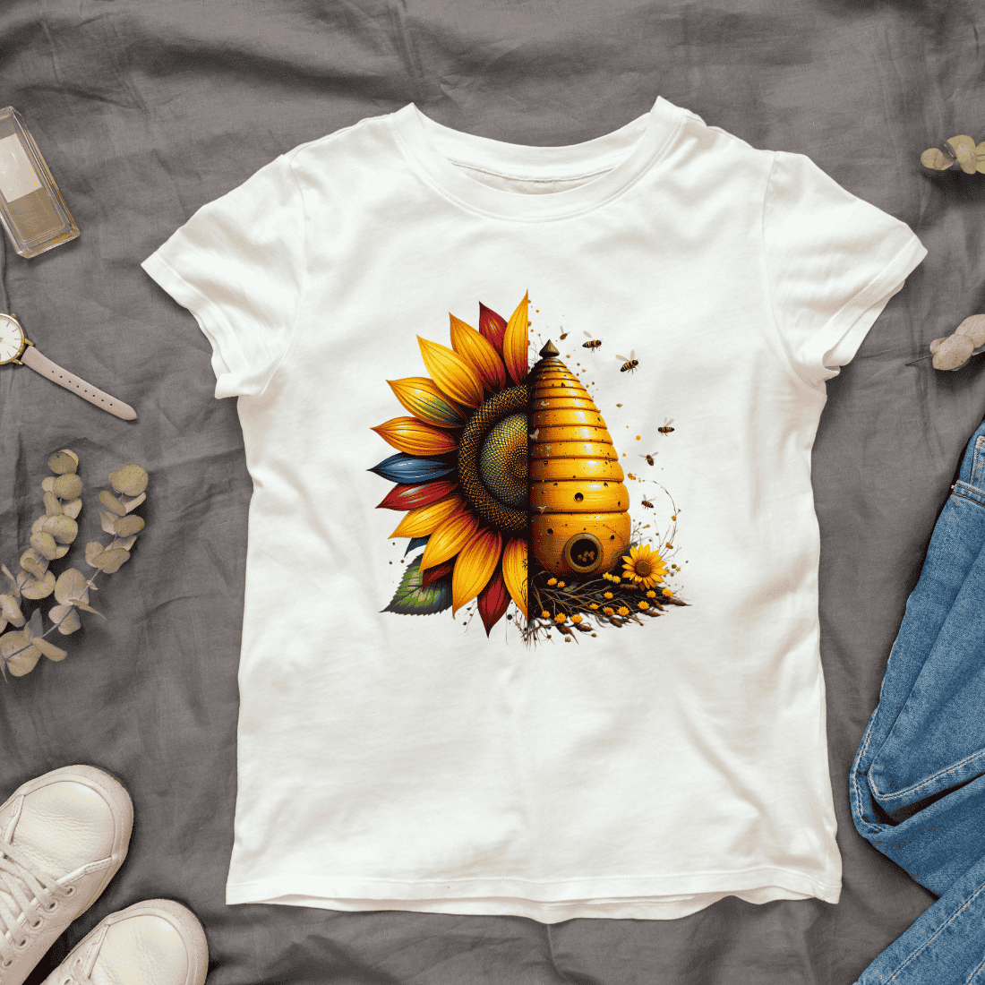 Colorful half sunflower with half beehive T-Shirt Design cover image.