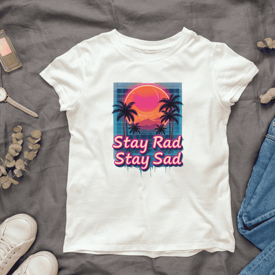 80s Inspired Graphic with Stay Rad Stay Sad Text T-shirt Design cover image.