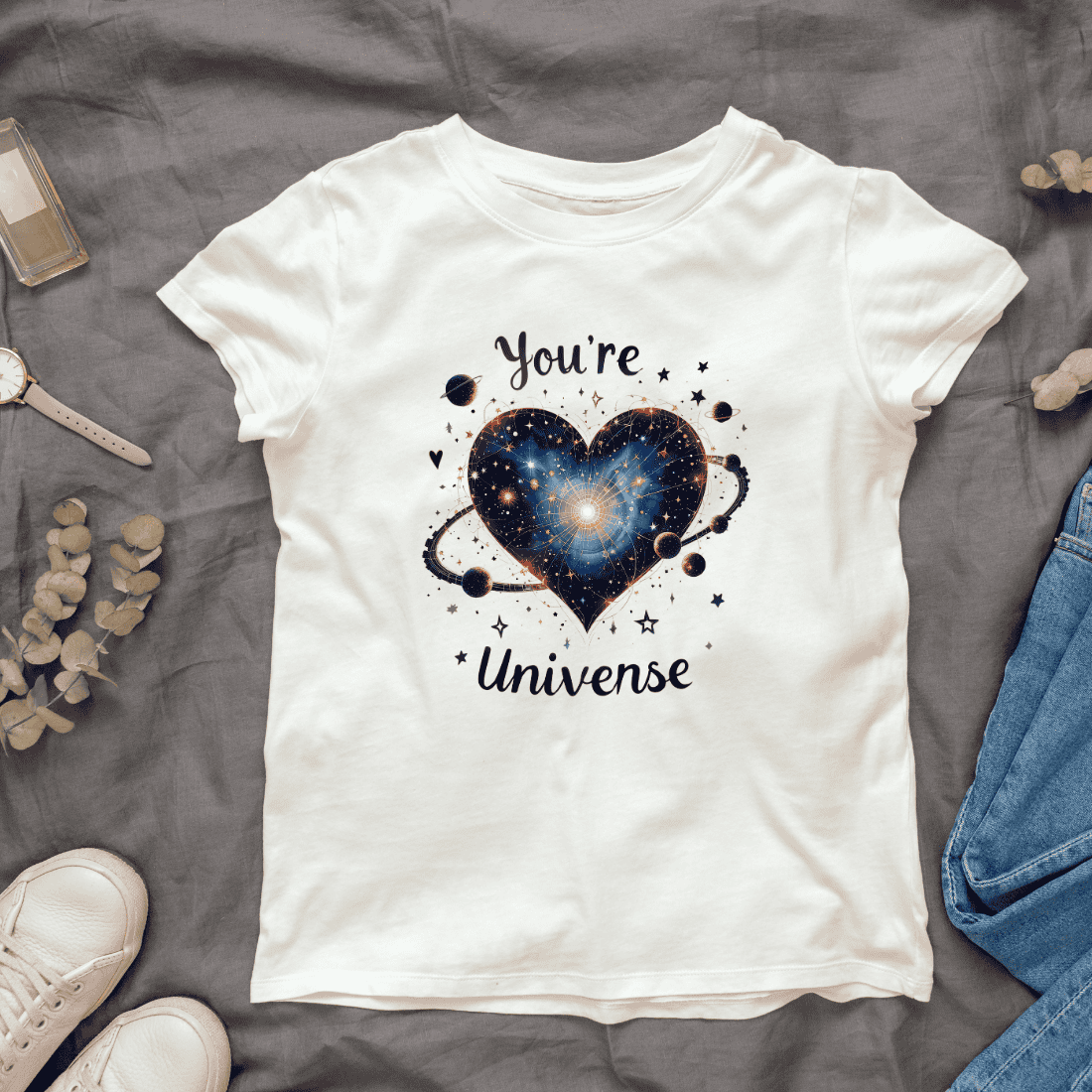 Galaxy Heart with Planets and Stars, You're My Universe Text T-shirt Design cover image.