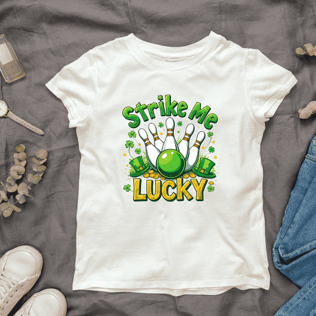 Green Bowling Ball and Pins with Clovers T-shirt Design cover image.