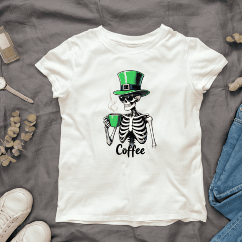 Skeleton with Leprechaun Hat and Coffee T-shirt Design cover image.