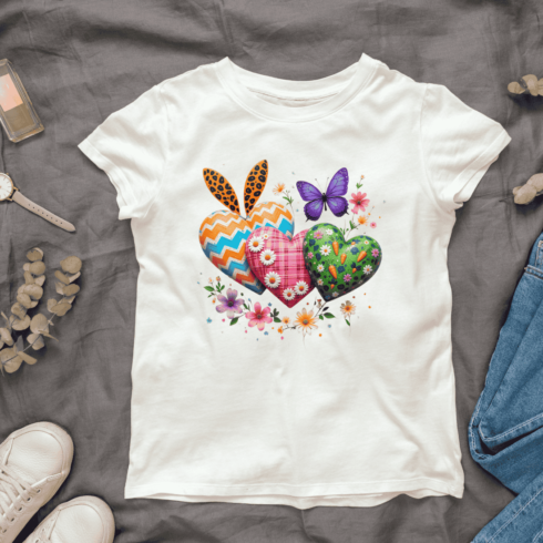 Playful Bunny Ears and Scattered Hearts T-shirt Design cover image.