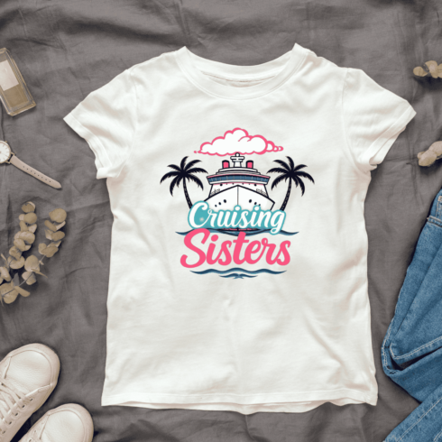 Cruise ship with "Cruising Sisters" text T-Shirt Design cover image.