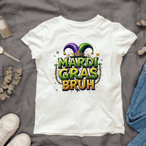 Festive Mardi Gras Text T-shirt Design cover image.