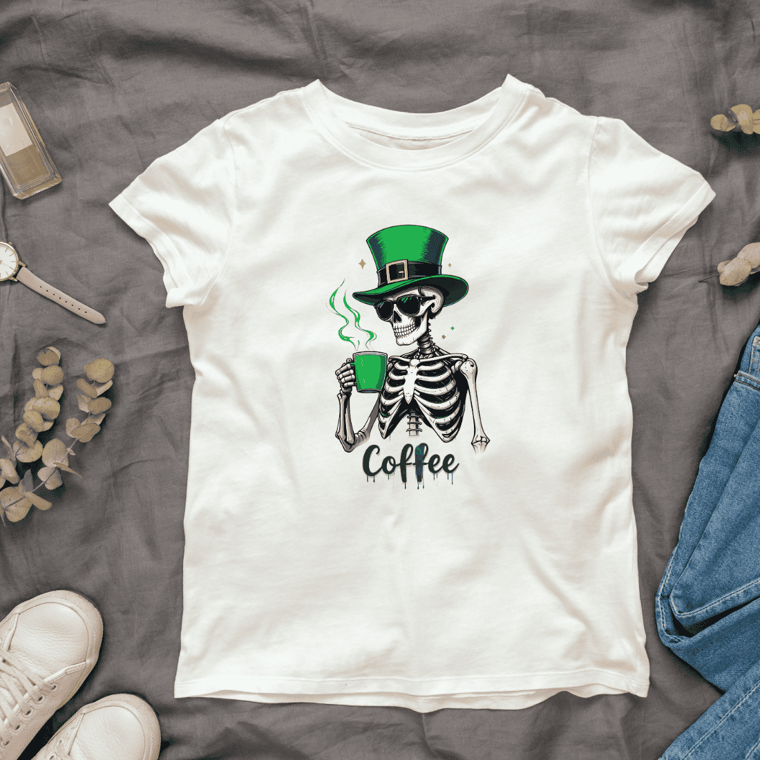 St Patrick's Day Skeleton Coffee T-shirt Design cover image.