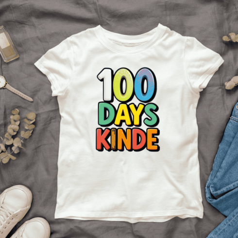 Colorful "100 Days Kinder" text T-shirt Design cover image.