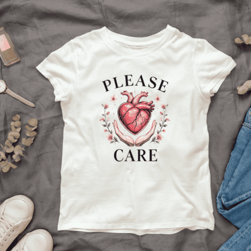 Anatomical heart with Please Care typography T-shirt Design cover image.