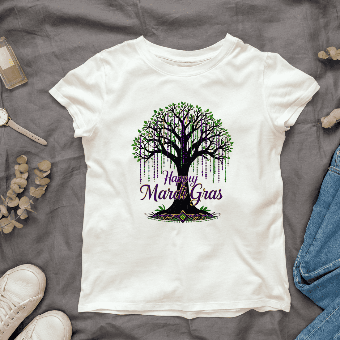 Mardi Gras tree with beaded necklaces hanging from branches T-Shirt Design cover image.