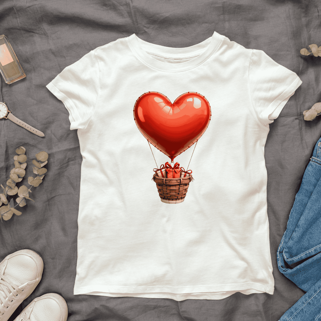 Romantic Gift Delivery by Heart Air Balloon T-shirt Design cover image.