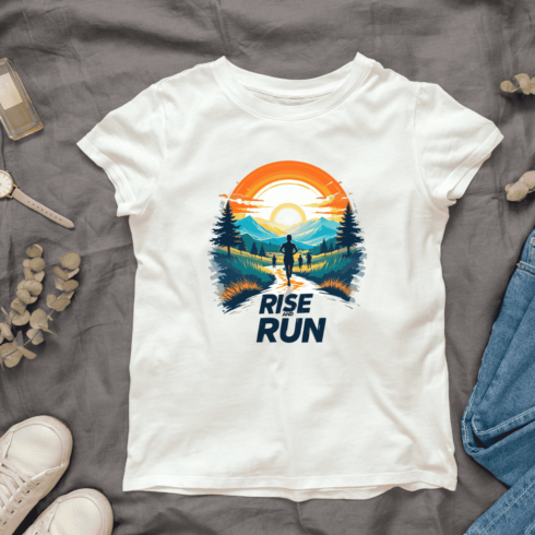 Silhouette Runners at Sunrise with Rise and Run Quote T-shirt Design cover image.