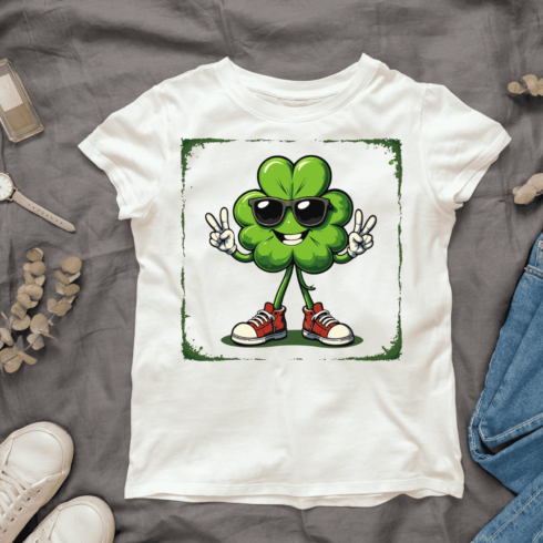 Cute Green Clover Mascot T-shirt Design cover image.