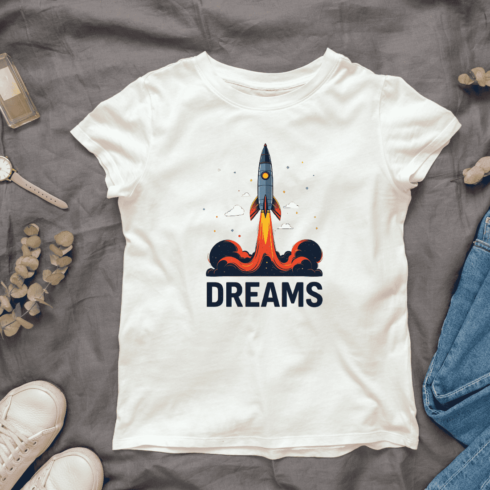 Retro rocket ship with white text DREAMS T-shirt Design cover image.