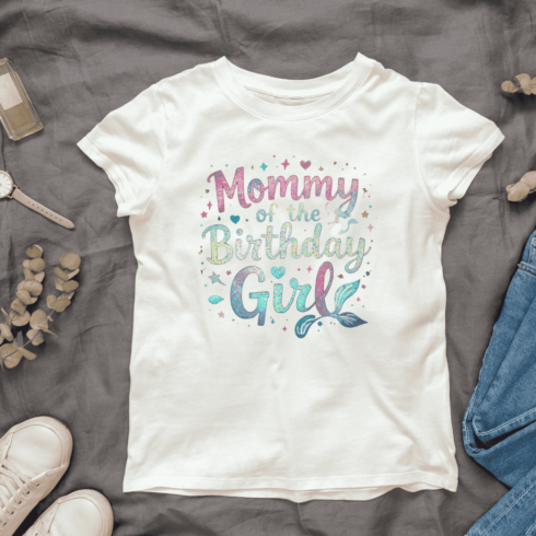 Pastel watercolor text, "Mommy of the Birthday Girl T-Shirt Design cover image.