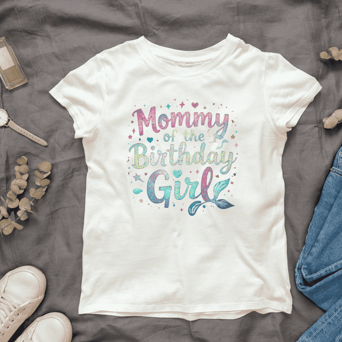 Pastel watercolor text, "Mommy of the Birthday Girl T-Shirt Design cover image.