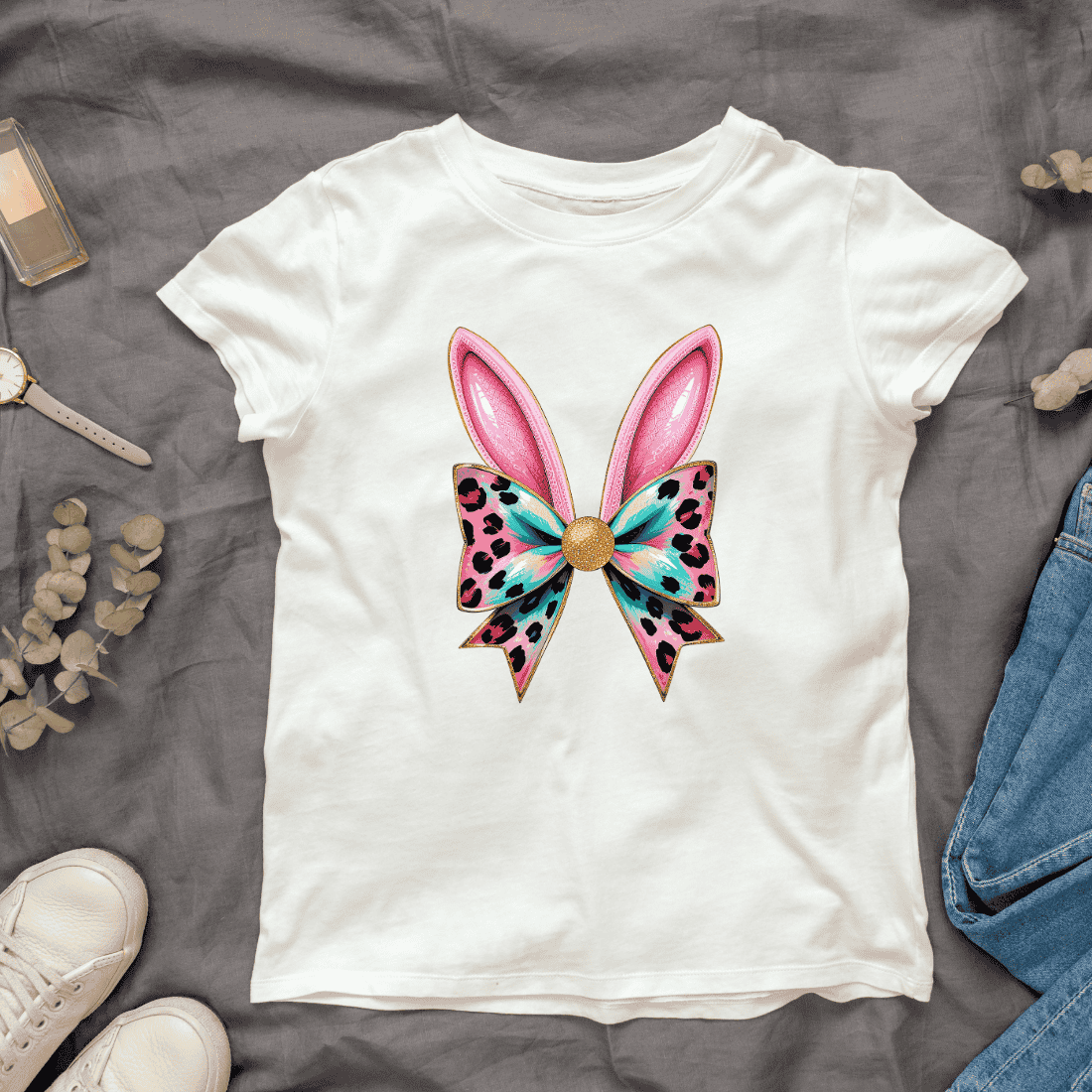 Whimsical Fairytale Bow with Bunny ears T-shirt Design cover image.