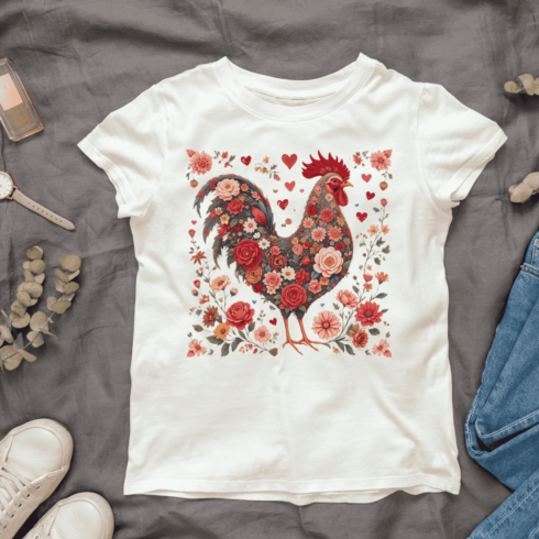 Floral Pattern Rooster With Red Roses T-shirt Design cover image.