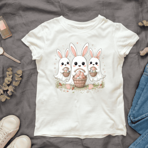 Rabbit ear ghost with wicker baskets of eggs T-shirt Design cover image.