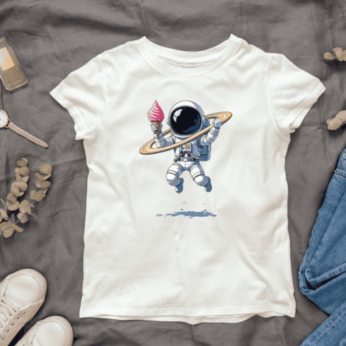 Cute cartoon astronaut with giant ice cream cone and Saturn rings T-Shirt Design cover image.