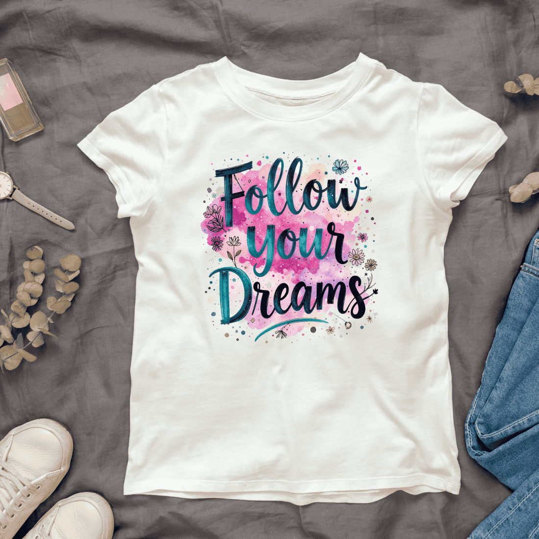 Watercolor Floral Follow Your Dreams T-shirt Design cover image.