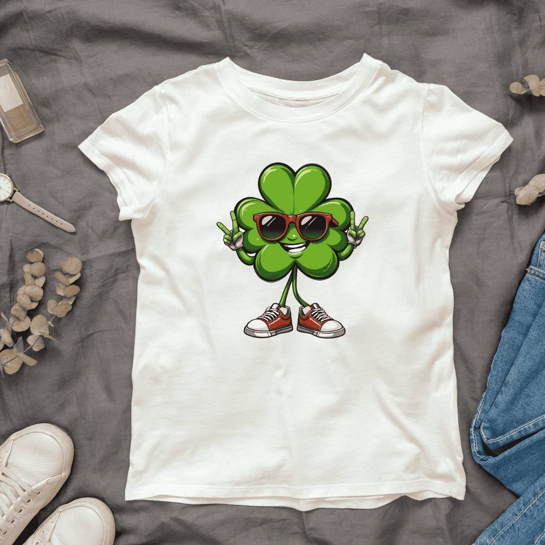 Cartoon Clover with Cool Sunglasses and Sneakers T-Shirt Design cover image.