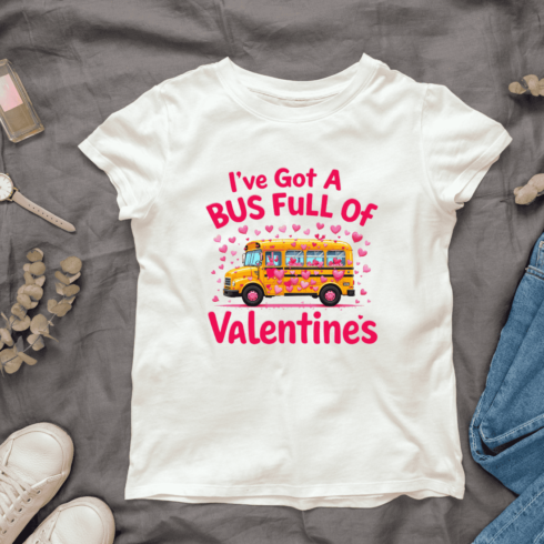 Colorful Valentine's Day School Bus T-shirt Design cover image.