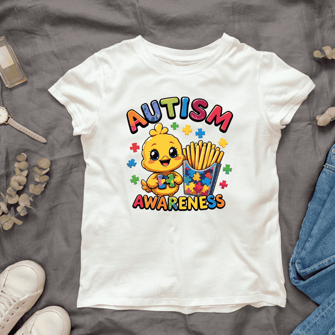 Autism awareness cartoon chick character with French fries and colorful puzzle pieces T-Shirt Design cover image.