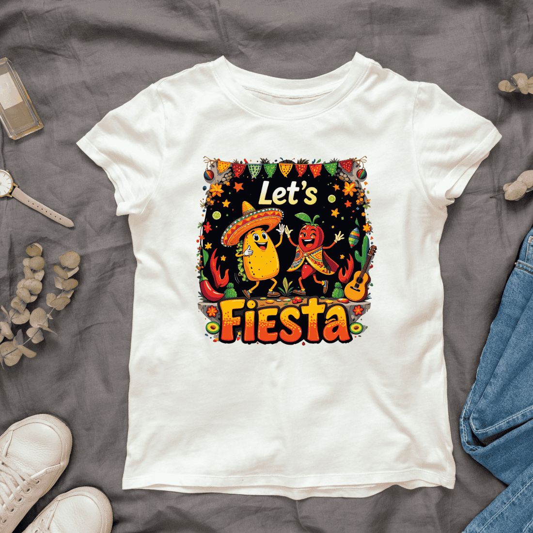 Colorful Let's Fiesta text T-shirt Design Bundle cover image.