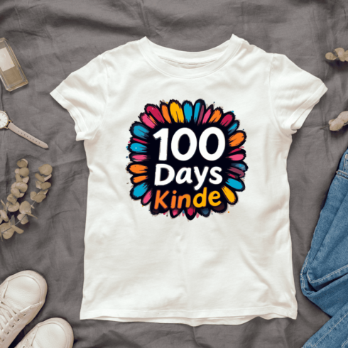 Colorful flower petals with"100 Days Kinder" text T-shirt Design cover image.