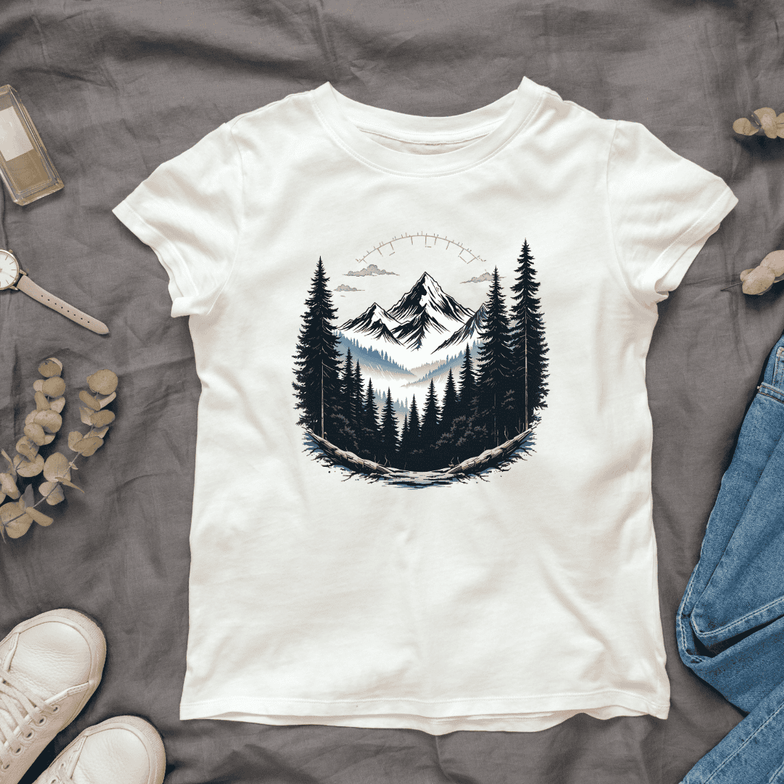 Peaceful Mountain and Forest Scene T-shirt Design cover image.