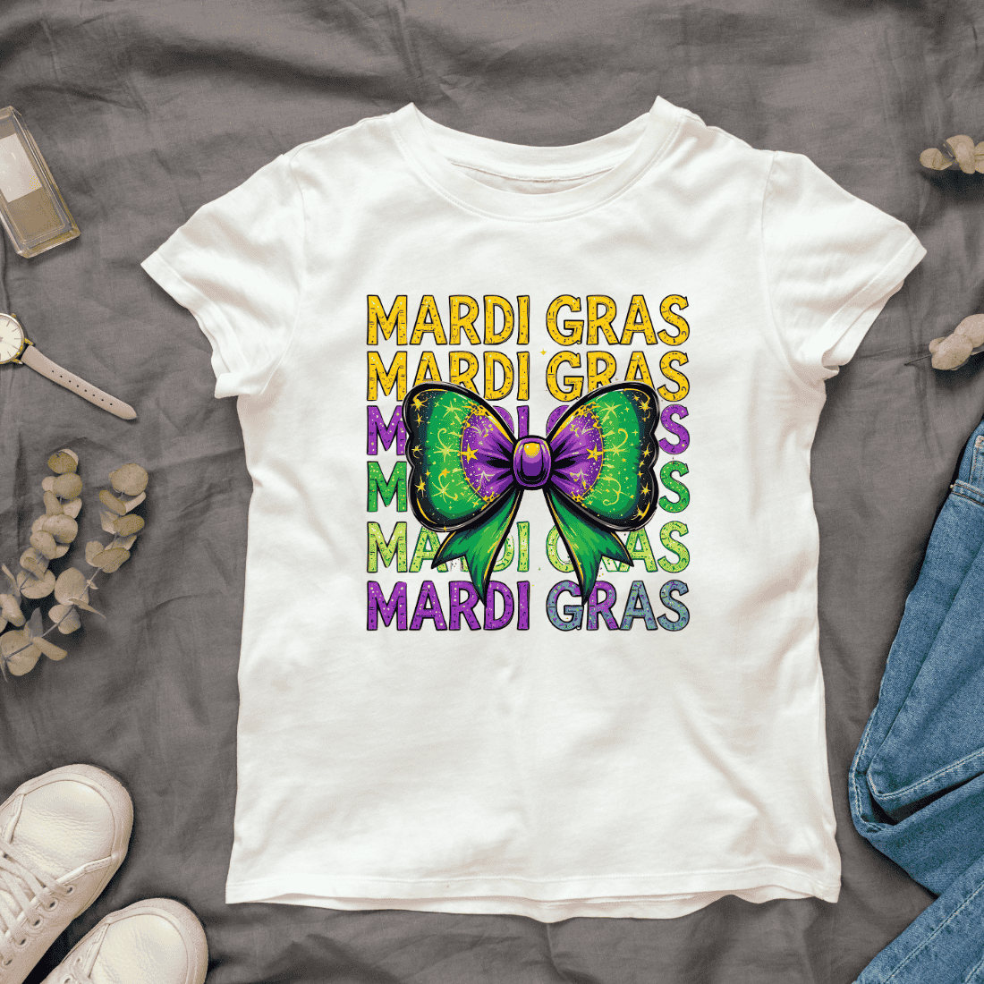 Colorful Mardi Gras Text with Bow Tie T-shirt Design cover image.