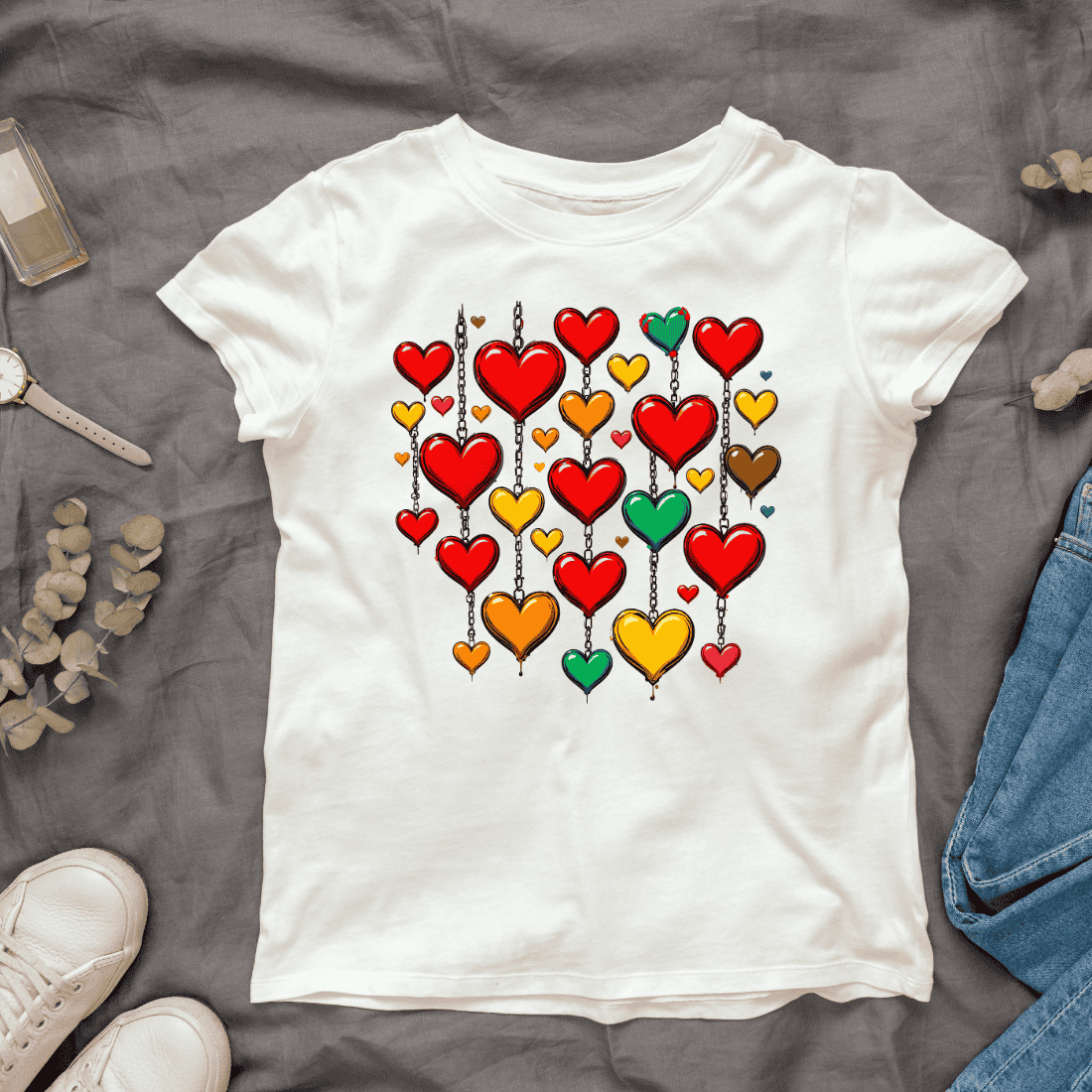 Red yellow green hanging heart ornaments T-Shirt Design cover image.