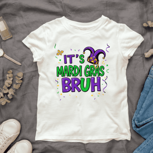 Colorful Digital Mardi Gras Text T-shirt Design cover image.