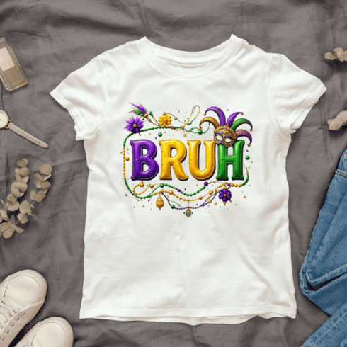 Party Bruh with Mardi Gras Elements T-shirt Design cover image.