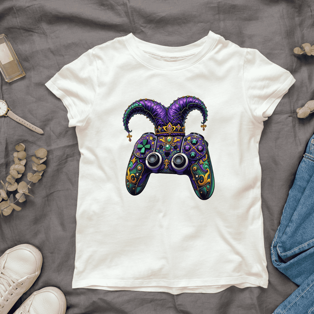 Ornate Jester Hat and Mask on a Game Controller T-shirt Design cover image.