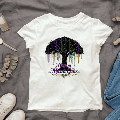 Mardi Gras tree silhouette with colorful beads hanging T-Shirt Design cover image.