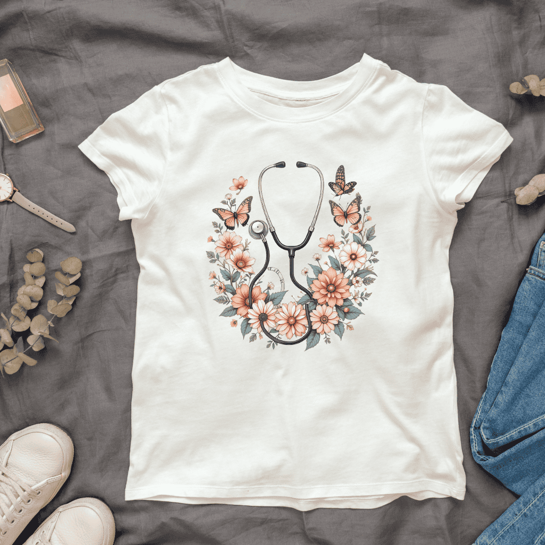 Stethoscope with Flowers and Butterflies T-shirt Design cover image.