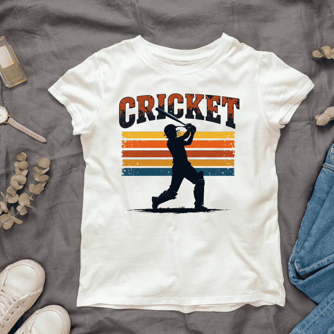 Vintage retro cricket player T-Shirt Design cover image.