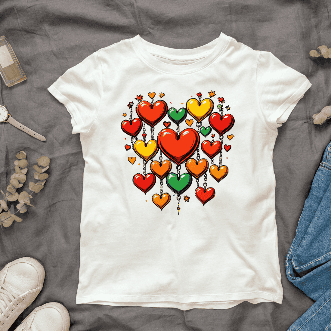 Valentine's day Red yellow green heart decorations T-Shirt Design cover image.