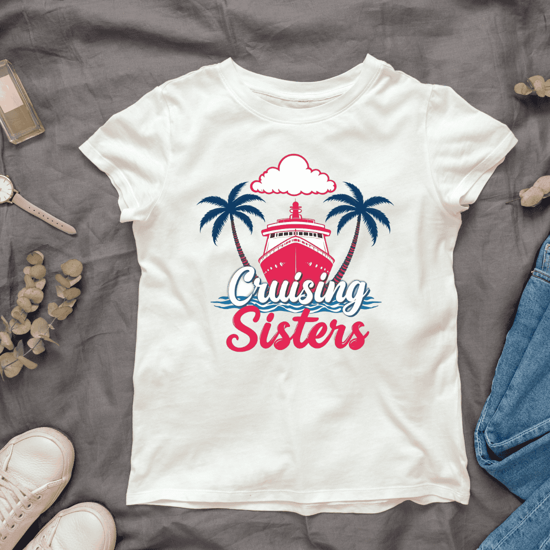 "Cruising Sisters" text with nautical theme T-Shirt Design cover image.