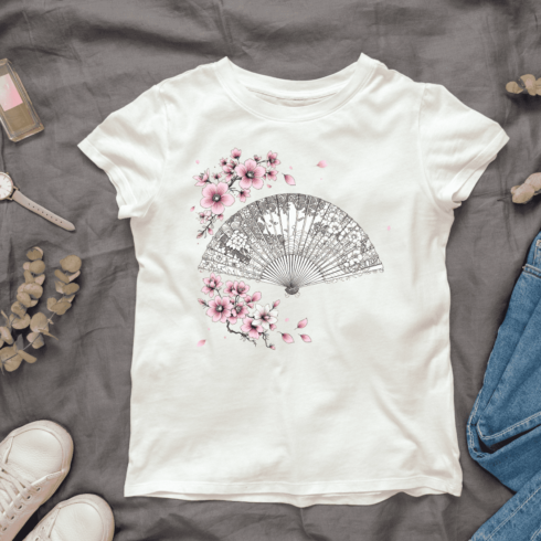 Japanese Style Fan with Flowers T-shirt Design cover image.