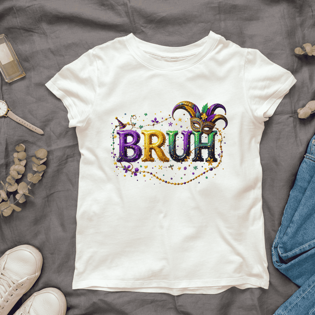 Bruh with Mardi Gras Beads T-shirt Design cover image.