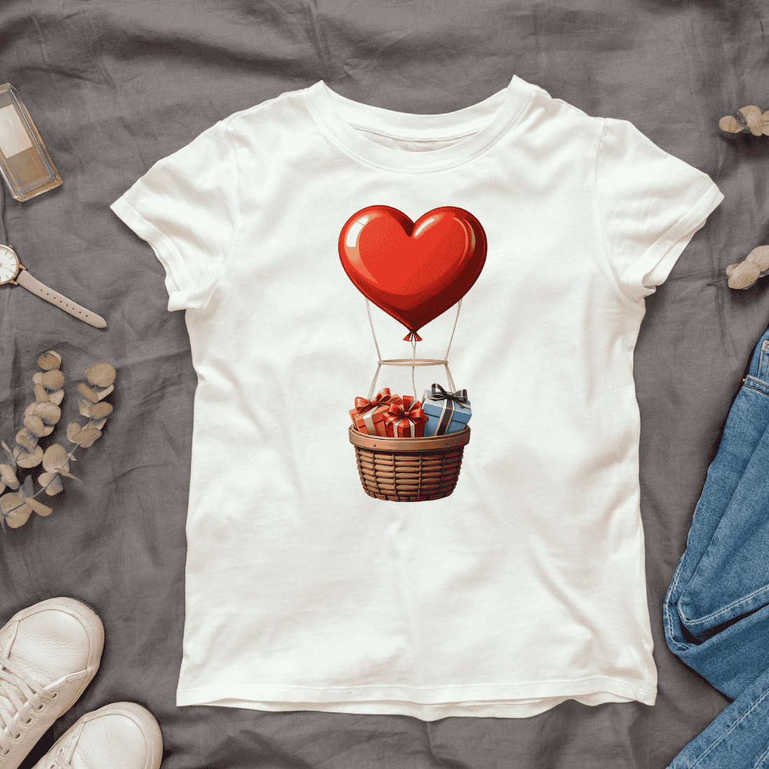 Heart Balloon with Wrapped Gifts in Basket T-shirt Design cover image.