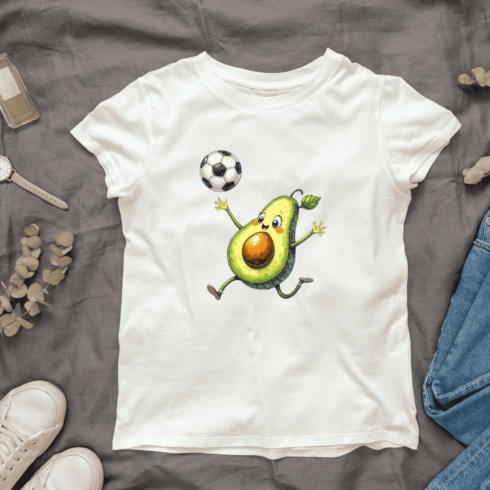 Avocado Playing Soccer T-shirt Design cover image.